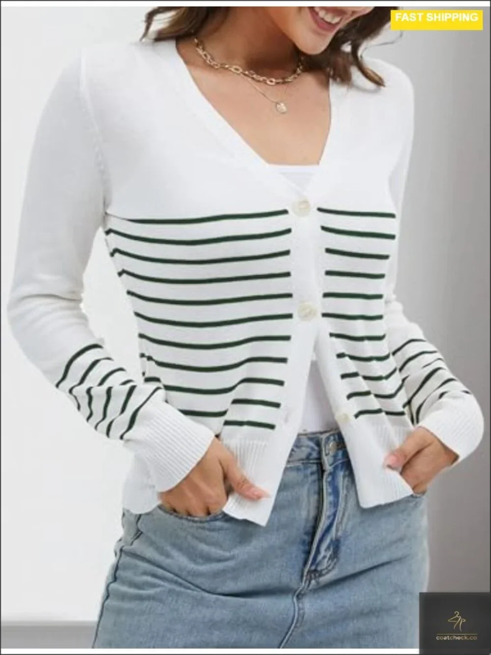 Striped Button Down V-Neck Open Front Long Sleeve Knit Cardigan Sweater